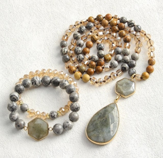 Nye 2025 Bohemian Grey JASPER Design Smykkesett, Single Row Langt MALA Kjede og Dual Flexible armbÅnd