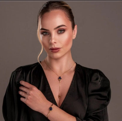 New 2025 Brazil Gem Round Tigers Eye 18K Gold Plated Bangle & Chain Bracelet w/ Natural Gemstones