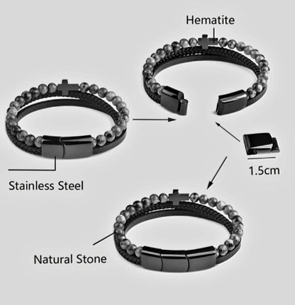 Nye, lekre Sort Obsidian armbånd med skinn ...Triple Row m/kors i Hematitt, justerbare ledd