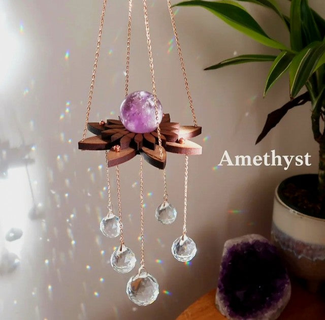 New 2024 Lotus Rainbow Crystal Suncatcher w/ Ametyst Quartz 21mm Sphere