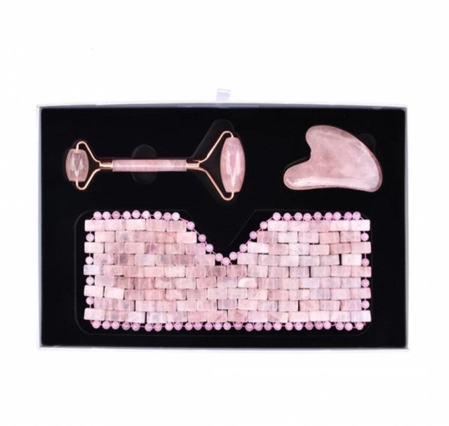 3 - 1 Rose Quartz Eyemask Roller & Gua Sha facial Spa Set