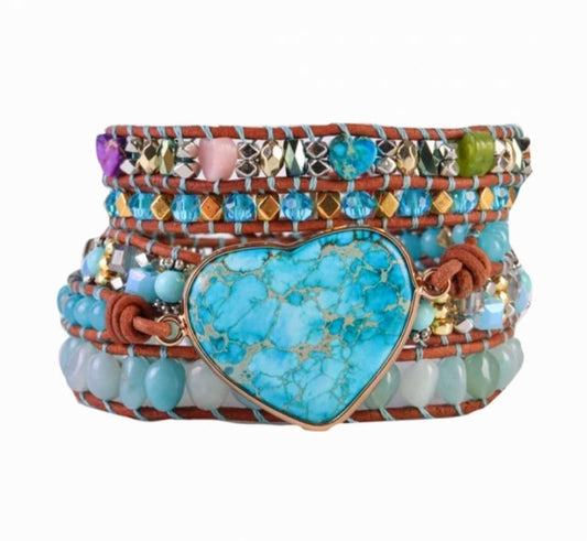 NYHET 2025 ! BOHO WRAP BRACELET 5 rader armbÅnd med stor Imperial Jasper Hjertesten