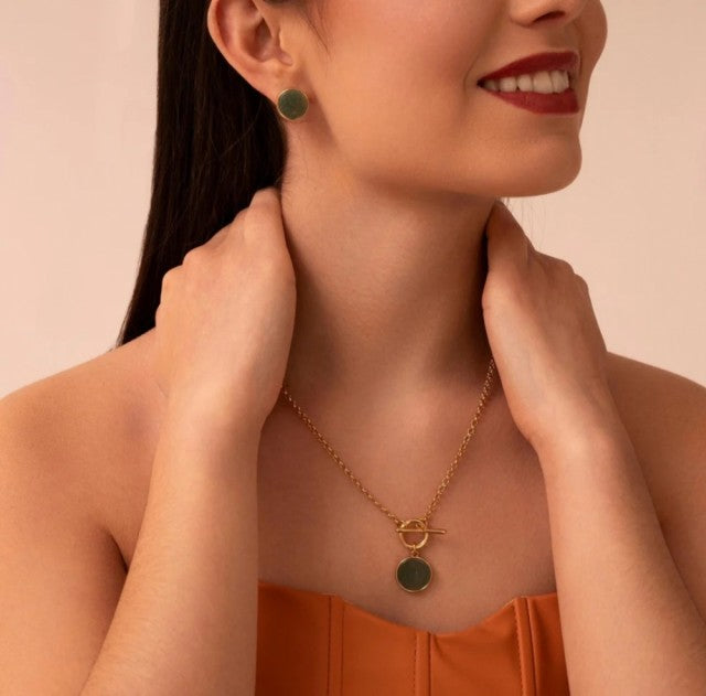 New 2025 Brazil Gem Green AGATE Round Cabochons 18k Gold Plated Necklace & Earring Set