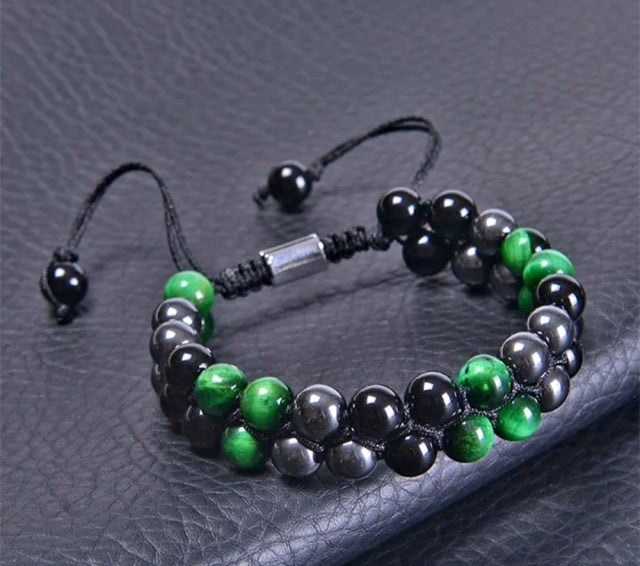 Nye Merkaba 2 rader Grønn Tigerøye armbÅnd med sort onyx og hematitt, justerbare, 8mm kuler