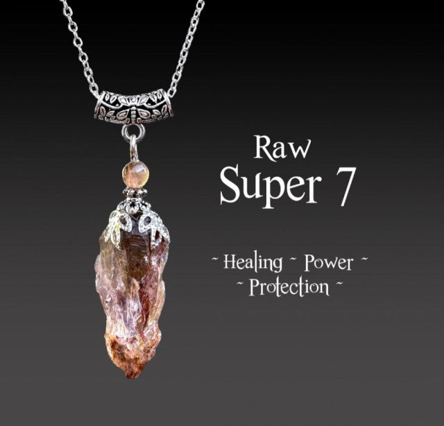 Nye, hÅndlagede Raw Super Seven 7 Anheng m/kjede , Silverplated ( Healing - Power - Protection )