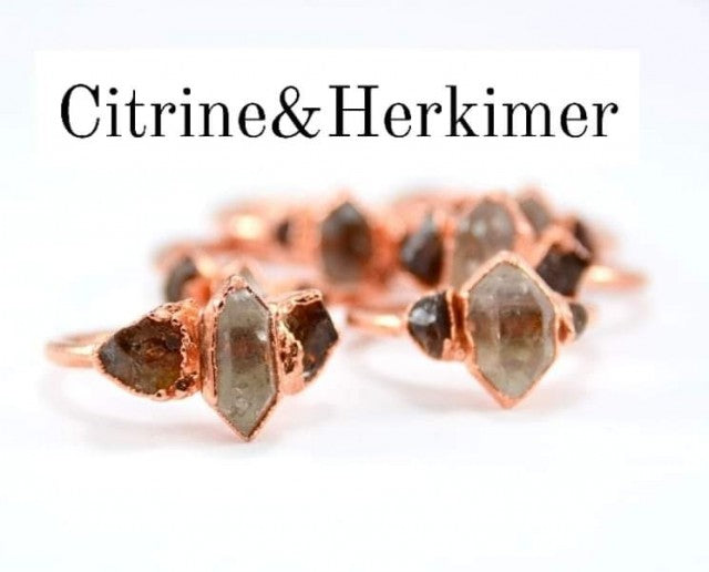 Ny, hÅndlaget rustik Art Deco Triple Stone Citrine & Herkimer Diamond Electroplated ROSE Copper Ring