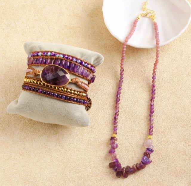 Nye 2025 Bohemian Ametyst Design Smykkesett, Single Row Kjede og BoHo Wrap armbÅnd