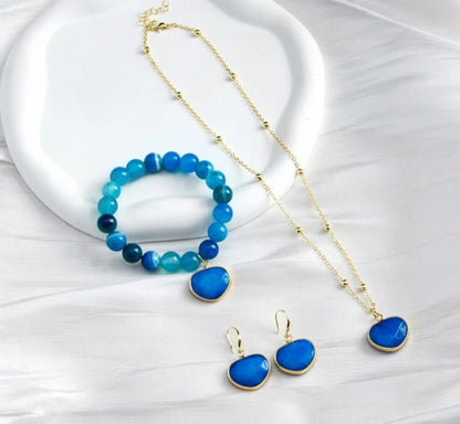 Nye Design Smykkesett m/Hjerteanheng ( Kjede, armbÅnd, øredobber ), Blue Agate