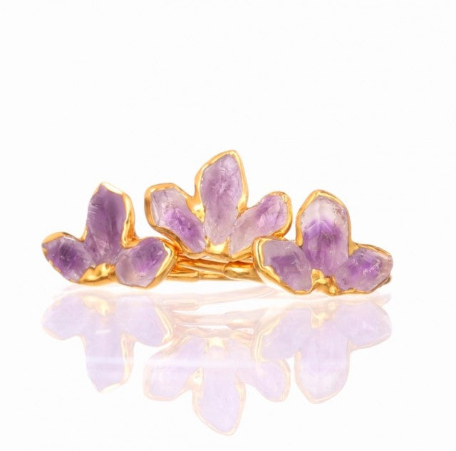 Ny, hÅndlaget rustik RÅ Ametyst Triple Stone Ring, 24k Gold plated