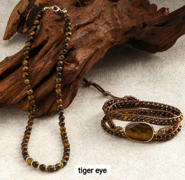 Nye 2025 Bohemian Tigerøye Design Smykkesett, Single Row Kjede og BoHo Single Wrap armbÅnd