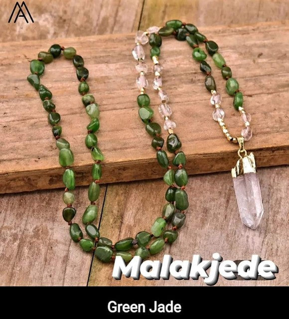 NYE MALA CRYSTAL KJEDER GRØNN JADE m/Clear Quartz Spissanheng