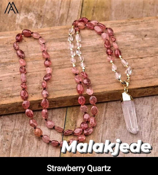 NYE MALA CRYSTAL KJEDER STRAWBERRY QUARTZ  m/Clear Quartz Spissanheng