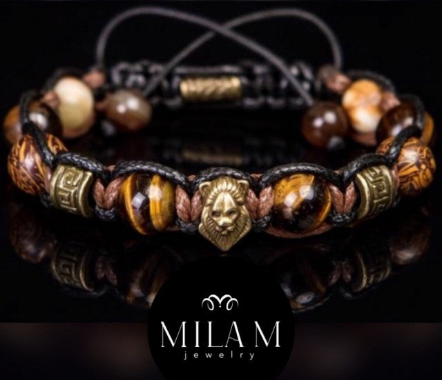 Trendy og Exclusivt Shambhala Lion ArmbÅnd , Tiger Eye, Jasper, Onyx, Bronze Metal Beads, unisex og justerbare