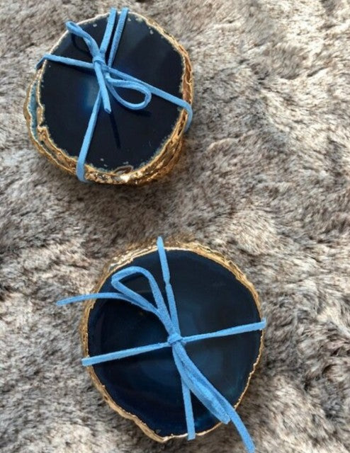 Blue Brazilian Agate 24ct Gold Edge, Gilded, Microcrystalline Quartz Premium Coasters (Set of 4)