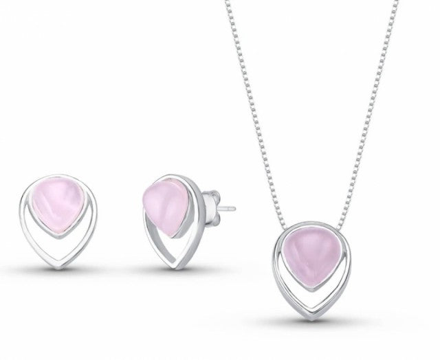 Brazil Gem 2025 - 925s Sterling Silver Inverted Teardrop Necklace & Earring Set w/ Natural Rose Quartz Gemstone
