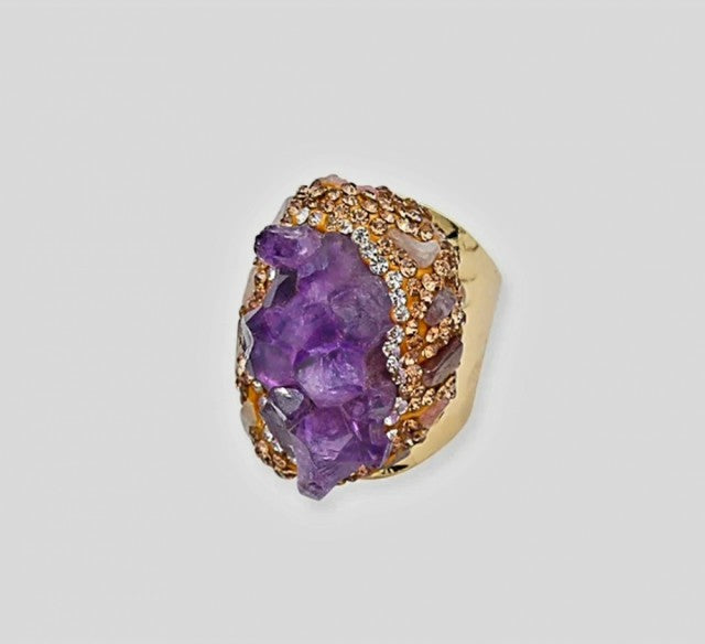 Superfancy Ametyst Raw Cluster & Rhinestone Ring, Gold Electroplated