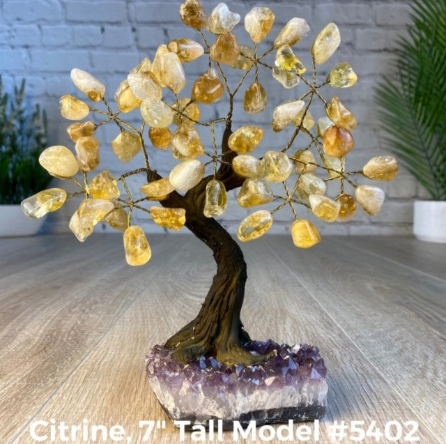 Vakre og eksklusive Feng Shui - Bonsai Lykketrær m/ ekte krystaller og Ametyst Clusterfot, ca. 17cm høy, Citrin