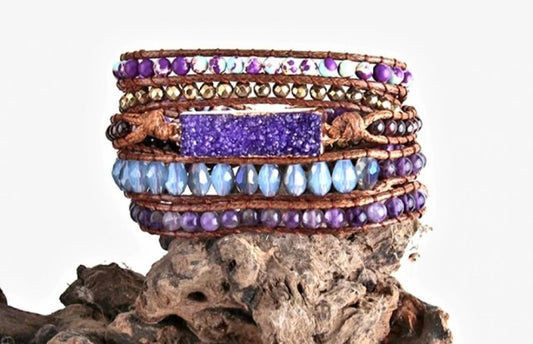 NYHET 2025 ! BOHO WRAP BRACELET 5 rader armbÅnd med Druzy Lilla Quartz