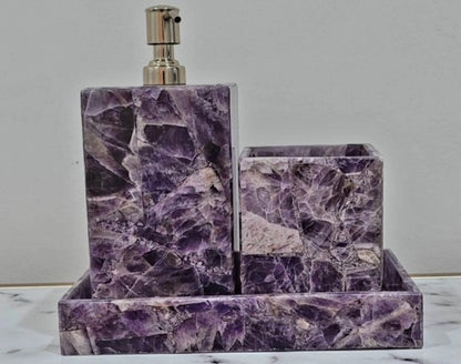 Natural Amethyst Bathroom 3 PCS Set, Purple Crystal Soap Dispenser, Toothbrush Holder, Vanity Tray