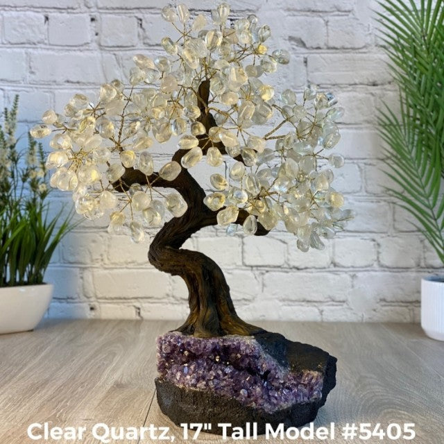 Vakre og eksklusive Feng Shui - Bonsai Lykketrær m/ ekte krystaller og Ametyst Clusterfot, 43cm høy, klar kvarts, 8kg