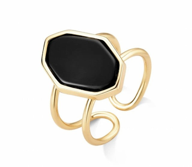 2025 Brazil Gem 18K Gold Plated Cuff Ring w/ Natural Black AGATE Gemstone
