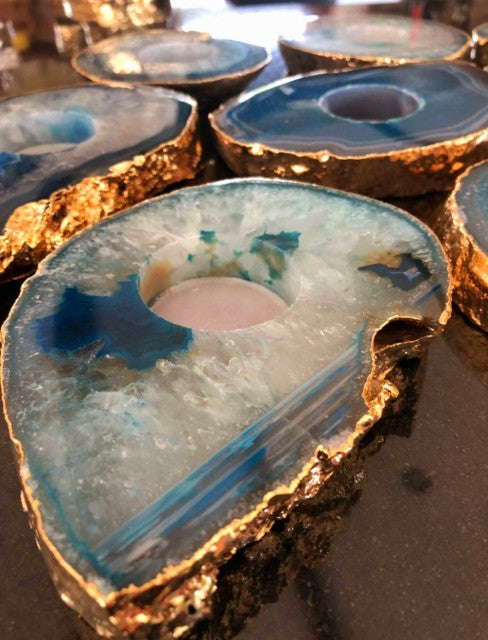 Brazilian Aqua Blue Agat Coaster Telys dekorasjon Gold Electroplated, LARGE