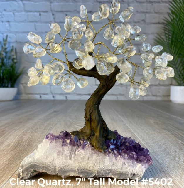 Vakre og eksklusive Feng Shui - Bonsai Lykketrær m/ ekte krystaller og Ametyst Clusterfot, ca. 17cm høy, Klar Kvarts