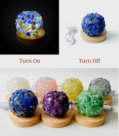 NY blÅ Agate Sphere Ledlampe med trebase og usb, ca. 9 -10cm