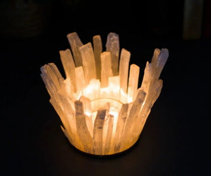 Selenitt Telys dekorasjon med glass i vannfalldesign, HVIT 13.5x13.5x10cm