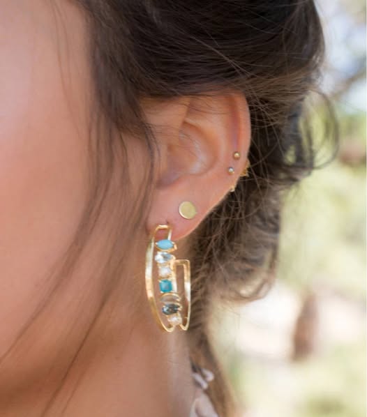 CILA Ring Design Turquise, Blue Topaz, Labradorite, Green white Jade stone Earrings , 18K Goldplated