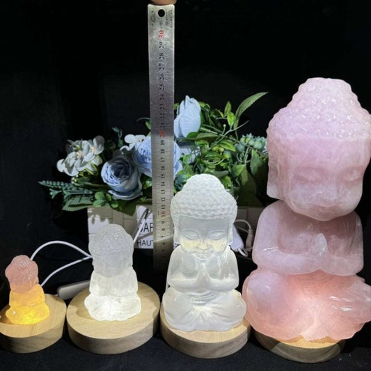 Vakker, hÅndlaget Buddha 7.5cm Rose Quartz inkl led trebase m/usb, small