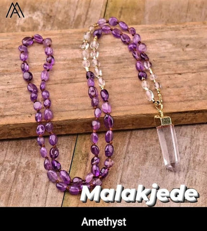 NYE MALA CRYSTAL KJEDER AMETHYST m/Clear Quartz Spissanheng