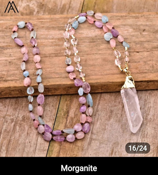 NYE MALA CRYSTAL KJEDER MORGANITE m/Clear Quartz Spissanheng