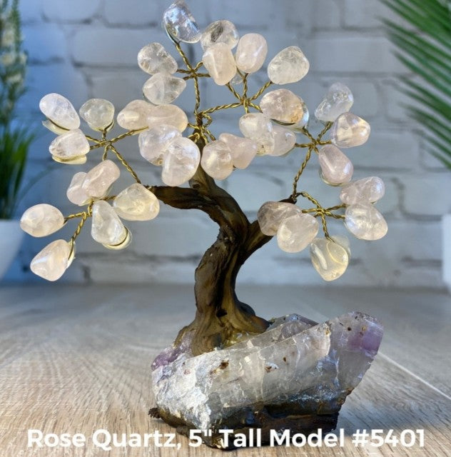 Vakre og eksklusive Feng Shui - Bonsai Lykketrær m/ ekte krystaller og Ametyst Clusterfot, ca. 12cm høy, Rosenkvarts