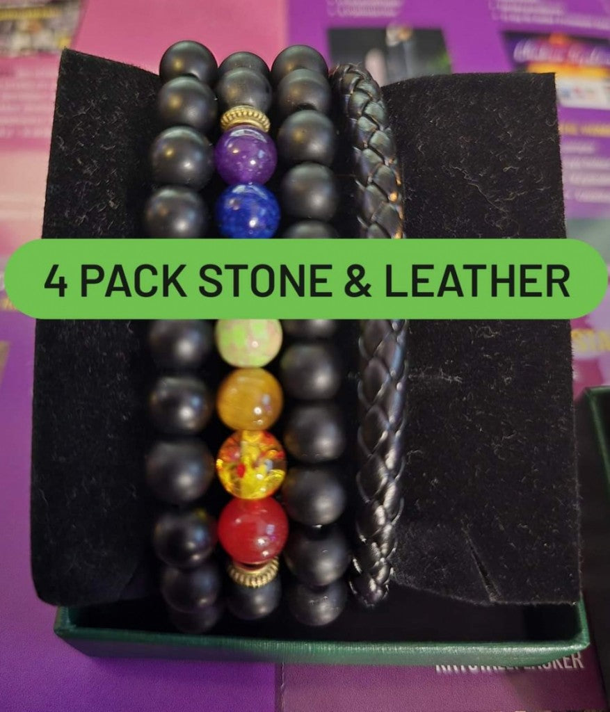4 PACK - Sort matt AGATE + Chakra Chambhala Bracelets