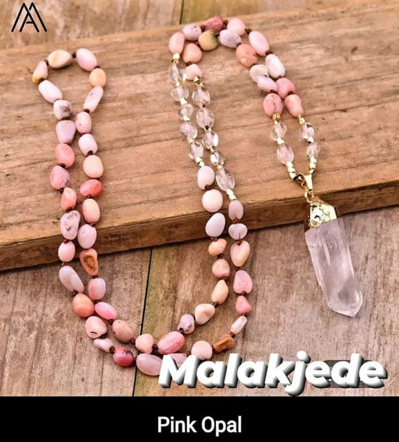 NYE MALA CRYSTAL KJEDER PINK OPAL m/Clear Quartz Spissanheng
