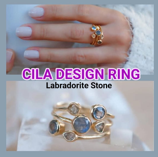 Ny CILA "Janaina " Design Ring , Håndlaget med små Rainbow Labradorite stener, 18k Gold Vermeil ( Gold on Silver )