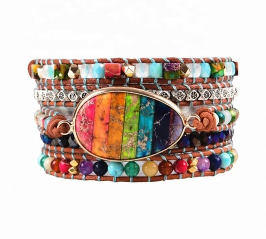 NYHET 2025 ! BOHO WRAP BRACELET 5 rader armbÅnd med oval Chakrasten