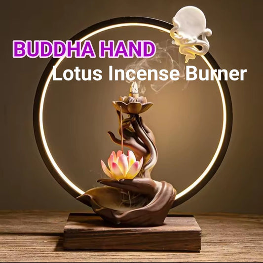BUDDHA'S Hand Zen Heart - LED Light Circle Backflow Incence Burner w/ wood stand, 36x30x12cm
