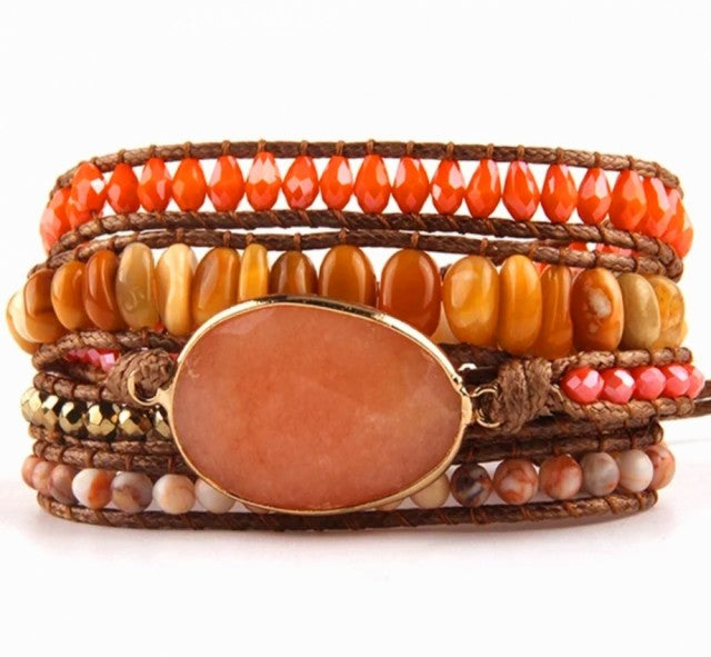 NYHET 2023 ! BOHO WRAP BRACELET 5 rader armbÅnd med stor Oransje Aventurin sten