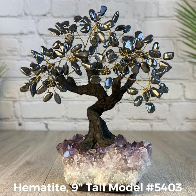 Vakre og eksklusive Feng Shui - Bonsai Lykketrær m/ ekte krystaller og Ametyst Clusterfot, ca. 22cm høy, Hematitt, 2.5kg