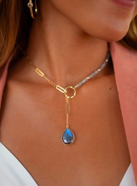 Natural Gemstone Labradorite Teardrop Shape Lariat Necklace,  Gold Plated