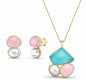 New 2025 Brazil Gem - 3 Stone Sky Blue Agate + Rose Quartz + White Shell Pearl 18K Gold Plated Necklace & Earring Set