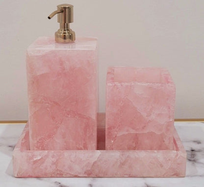 Rose Quartz | Gift | 3 pc Bathroom accessories set | handcrafted | Pink | soap dispenser | bathroom | Luxurious feel