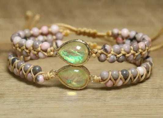 Enkle og vakre Chambhala 2 rader armbÅnd m/ DrÅpeormet Opal sten og smÅ Pink Zebra stener ( justerbart )