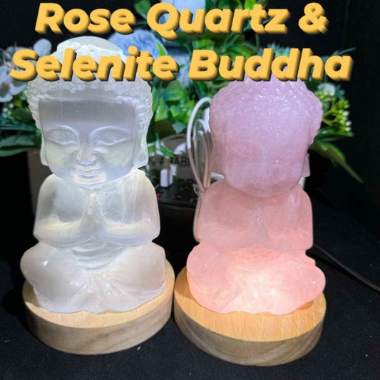 KAMPANJE / DUO ROSE & SELENITE BUDDHA BODY m/ LED Lysbase i Tre , 8cm