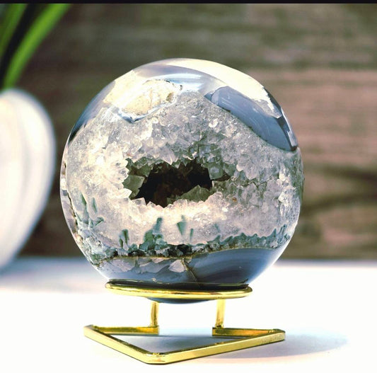 Uruguay Amethyst Crystal Quartz Agate Sphere with Metal Stand, 77mm - 585gram