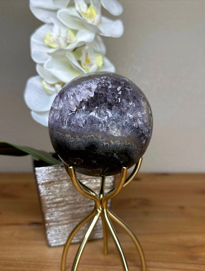 Large - Supernice Uruguay Amethyst Crystal Quartz Agate Sphere with Metal Stand, 88mm - 1250gram