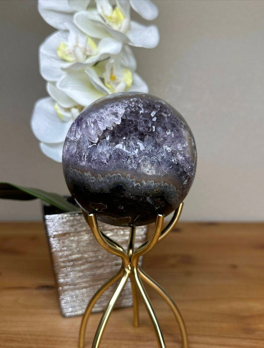 Large - Supernice Uruguay Amethyst Crystal Quartz Agate Sphere with Metal Stand, 88mm - 1250gram