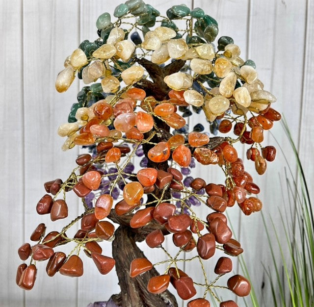 Vakre og eksklusive Feng Shui - Bonsai Lykketrær m/ ekte krystaller og Ametyst Clusterfot, ca. 47cm høy, Chakra 9kg